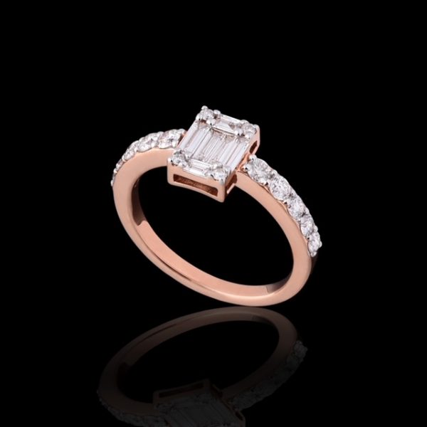 Anello oro rosa con diamante baguette